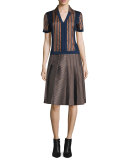 Ava Mixed-Media Pleated Skirt, Khaki Brown/Multicolor