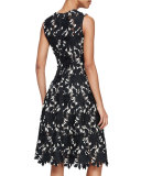 Seamed Floral Lace Dress, Black/Ivory