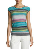 Striped Cap-Sleeve Knit Sweater, Cerulean
