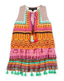 Tiered Silk Multipattern Dress, Pink/Orange, Size 4-6