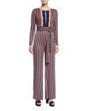 Starla Long-Sleeve Rickrack Stripe Jumpsuit, Khaki/Midnight/Orange
