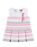 Sleeveless Pleated Striped Tweed Dress, Pink, Size 12-36 Months