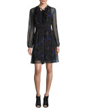 Desi Tie-Neck Floral Silk Chiffon Dress, Black Multi