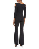 3/4-Sleeve Flare-Leg Jersey Jumpsuit, Nero