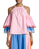 Embroidered Cold-Shoulder Trapeze Blouse