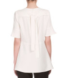 Flutter-Sleeve Jewel-Neck Blouse, Off White