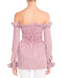 Striped Smocked Off-the-Shoulder Blouse, Maroon