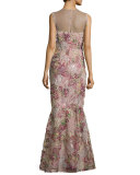 Sleeveless Floral Illusion Mermaid Gown, Red/Pink