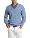 Contrast-Collar Cashmere Sweater, Bright Blue