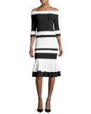 Bold-Stripe Off-the-Shoulder Trumpet Midi Dress, Black/White