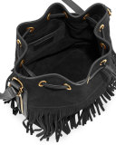 Emmanuelle Small Suede Fringe Bucket Bag, Black