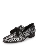Foxley Men's Glitter Leopard-Print Tassel Loafer, Black/Silver