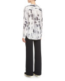 Cascade-Print Split-Neck Silk Top