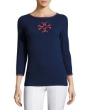 3/4-Sleeve Boat-Neck Beaded Logo Top, Navy