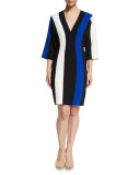 Batwing-Sleeve Colorblock V-Neck Dress, Blue/Multi