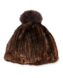 Knit Mink Hat w/Fox Pom-Pom, Brown