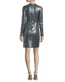 Sequined Long-Sleeve Mini Dress, Multicolor