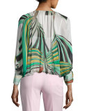 Printed Long-Sleeve Silk Blouse, White/Green