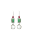 18K White Gold Ruby, Green Tourmaline & Pearl Earrings