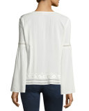 Emiliana Embroidered Lace-Up Blouse, Ivory