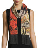 Silk Floral & Paisley Fringe Scarf, Coral/Ivory