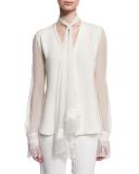 Scarf-Neck Silk Blouse w/Fringe Trim, Ivory