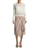 Long-Sleeve Mixed-Knit Top, Ivory