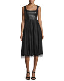 Sleeveless Leather and Point d'Esprit Skirt Dress, Black