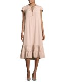 Short-Sleeve Tie-Neck Flounce-Hem Dress, Blush