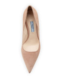 Suede Comma-Heel Pointed-Toe Pump, Nudo