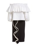 Brendy Pompom-Trim Side-Slit Pencil Skirt, Black