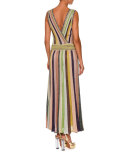Striped Sleeveless V-Back Gown, Gold Rainbow