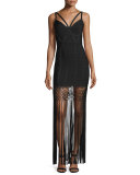 Sleeveless Fringe-Hem Bandage Gown, Black