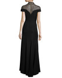 Sleeveless Embellished Crepe Gown, Black