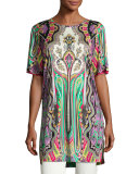 Paisley Half-Sleeve Long Tunic, Purple/Green/Red