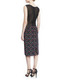 Sleeveless Ruched-Front Floral-Print Dress, Black