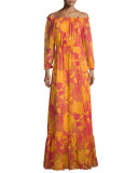 Camila Off-the-Shoulder Flower Power Maxi Dress, Fuchsia