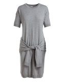 Short Sleeve Tie-Waist Sweater Dress, Gray