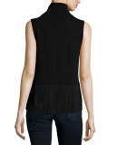 Fringe-Trimmed Sleeveless Cashmere Turtleneck, Black