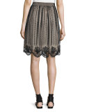 Embroidered Sheer-Overlay Skirt, Black