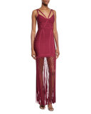 Sleeveless Fringe-Hem Bandage Gown, Raspberry