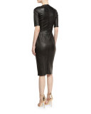 Leather Half-Sleeve V-Neck Dress, Black