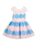 Cap-Sleeve Textured Tulle Fit & Flare Dress, Pink/Blue, Size 7-16