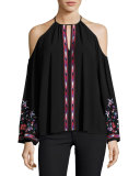 Adelise Embroidered Cold-Shoulder Blouse, Black