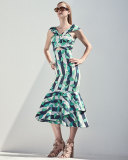 Belice Leaf-Print Tiered-Hem Midi Dress, Green/Blue