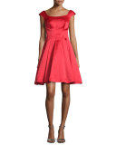 Cap-Sleeve Satin Fit & Flare Dress, Lipstick Red