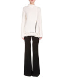 Front-Slit Fringe-Hem Sweater, Off White
