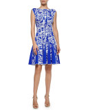 Sleeveless Embroidered Cocktail Dress, Sapphire/White