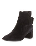 Polly Suede Side-Buckle Ankle Boot, Black
