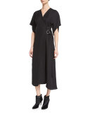 Side-Buckle Short-Sleeve Kimono Dress, Black